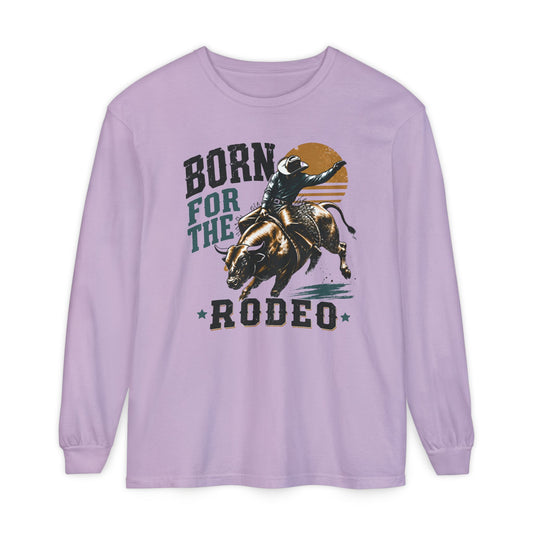 Born for the Rodeo vintage bull rider print on an Orchid women's long sleeve shirt