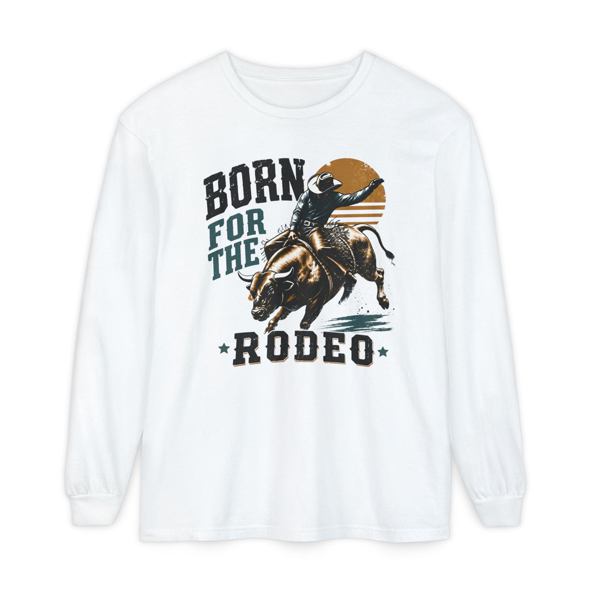 Born for the Rodeo vintage bull rider print on a White women's long sleeve shirt