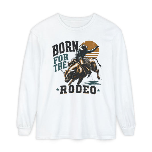 Born for the Rodeo vintage bull rider print on a White women's long sleeve shirt