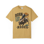 Born for the Rodeo vintage bull rider print on a Mustard women's shirt