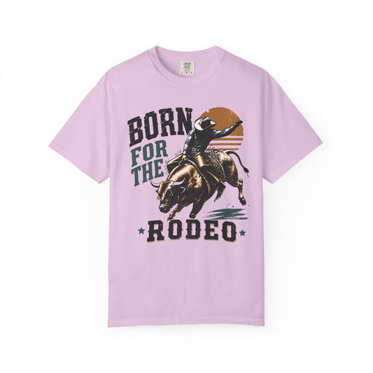 Born for the Rodeo vintage bull rider print on an Orchid women's shirt