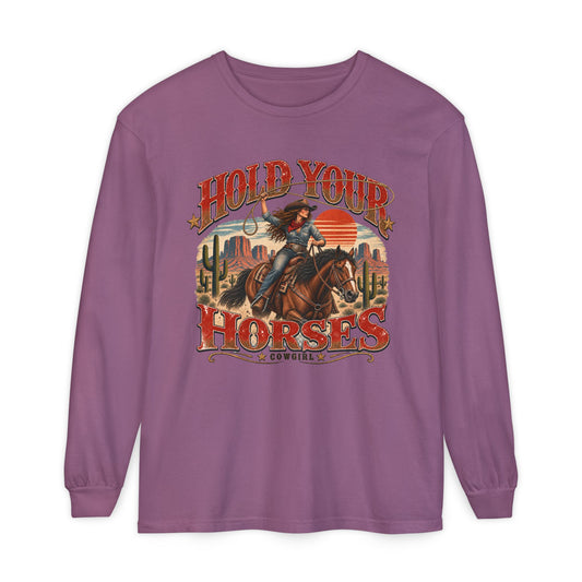 Hold Your Horses Cowgirl vintage western print on a Berry women's long sleeve shirt