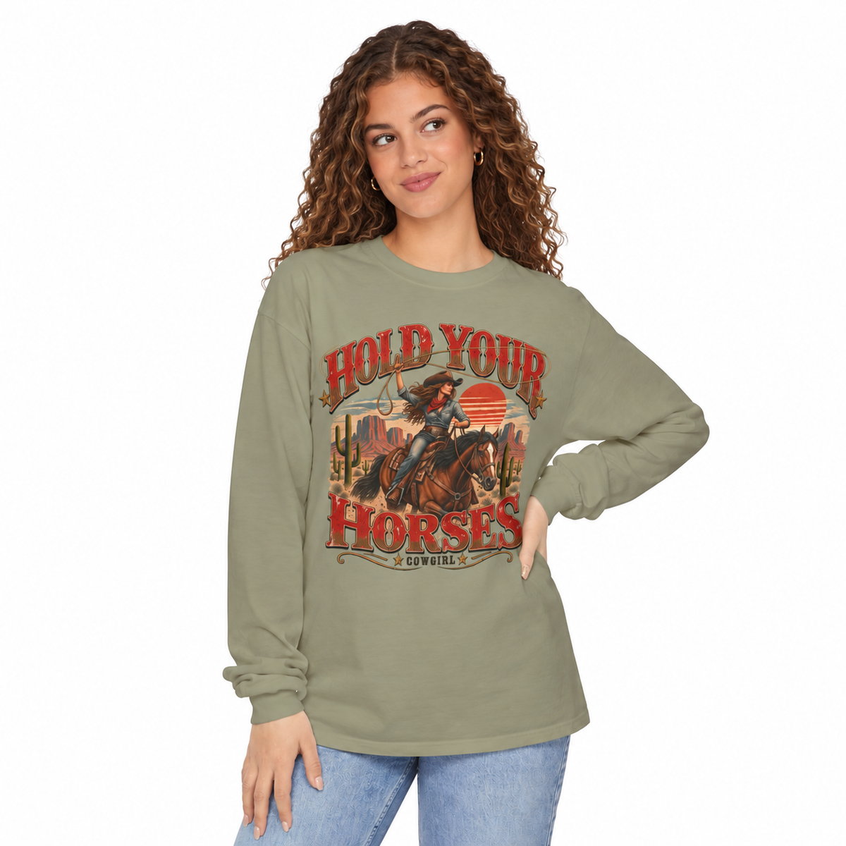 Women's Hold Your Horses Cowgirl Long Sleeve Shirt styled in a lifestyle photo