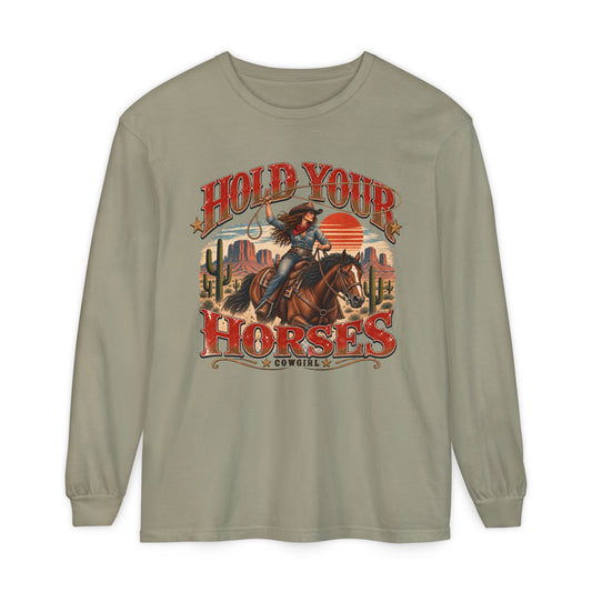 Hold Your Horses Cowgirl vintage western print on a Sandstone women's long sleeve shirt