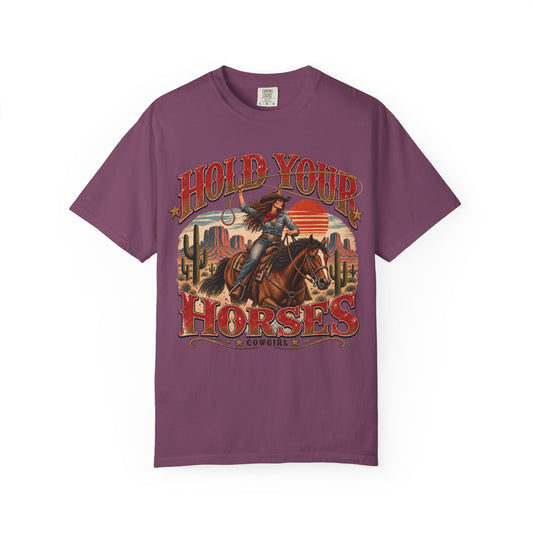 Hold Your Horses Cowgirl vintage western print on a Berry women's shirt