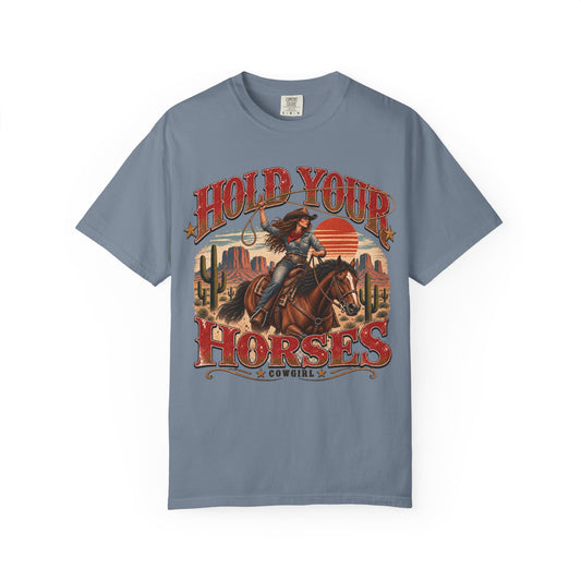 Hold Your Horses Cowgirl vintage western print on a Blue Jean women's shirt