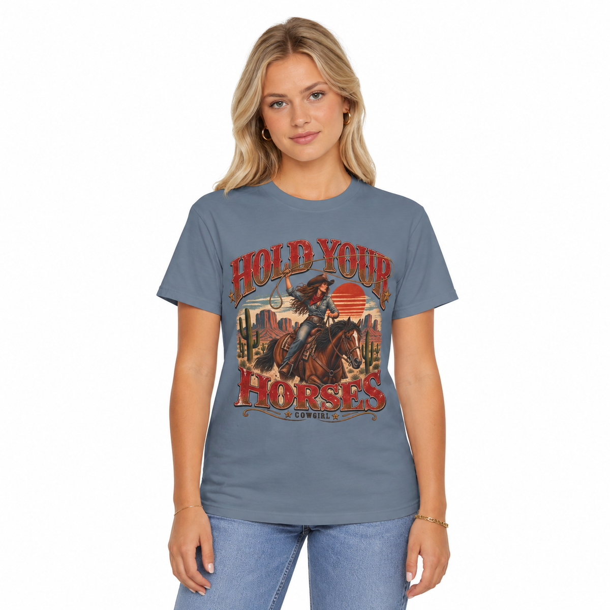 Women's Hold Your Horses Cowgirl Shirt styled in a lifestyle photo