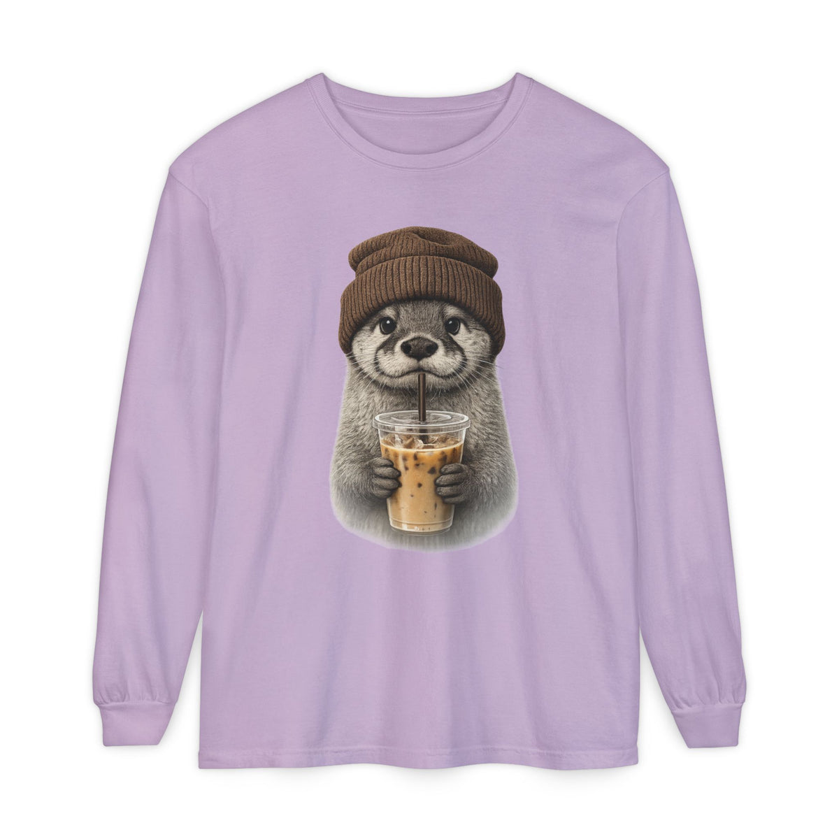 Hand-drawn otter holding an iced coffee, printed on an orchid purple women's long sleeve shirt