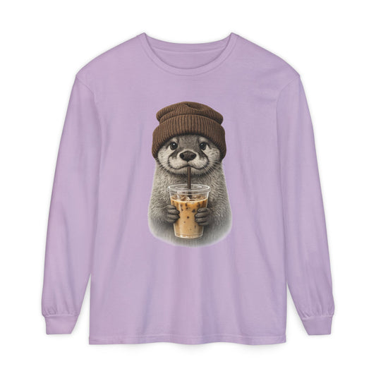 Hand-drawn otter holding an iced coffee, printed on an orchid purple women's long sleeve shirt