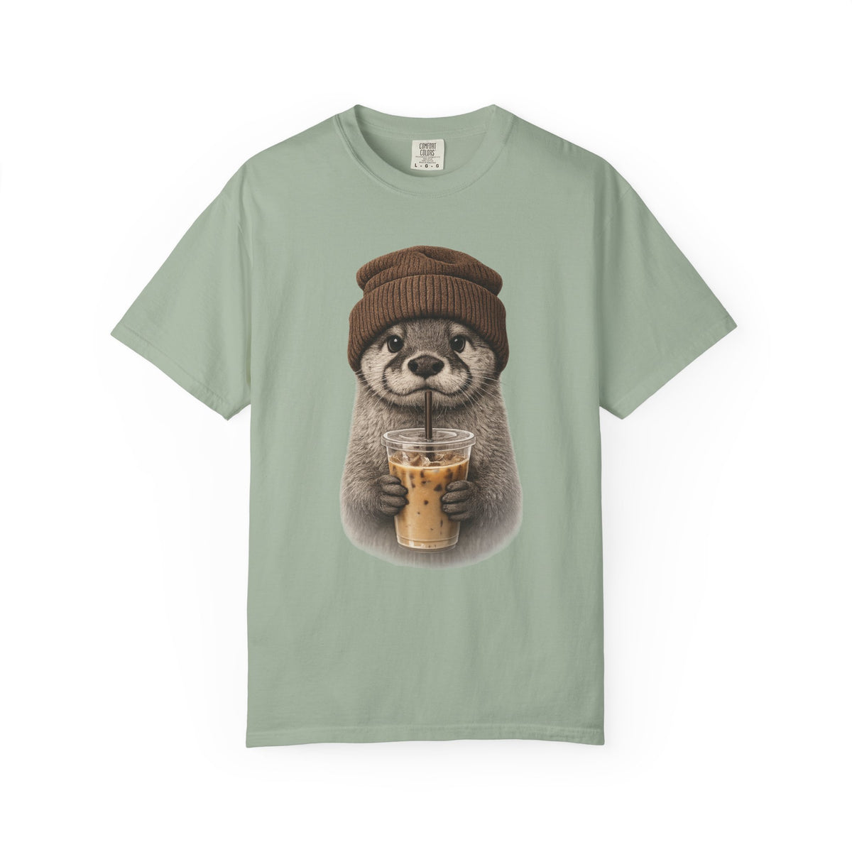 Hand-drawn otter holding an iced coffee, printed on a bay blue women's shirt