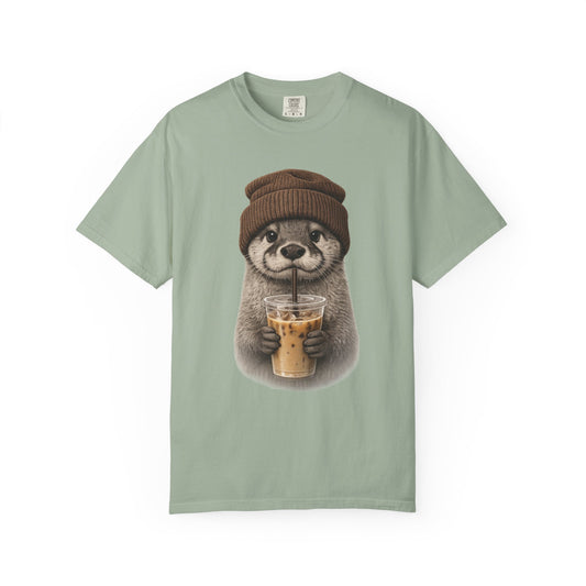 Hand-drawn otter holding an iced coffee, printed on a bay blue women's shirt