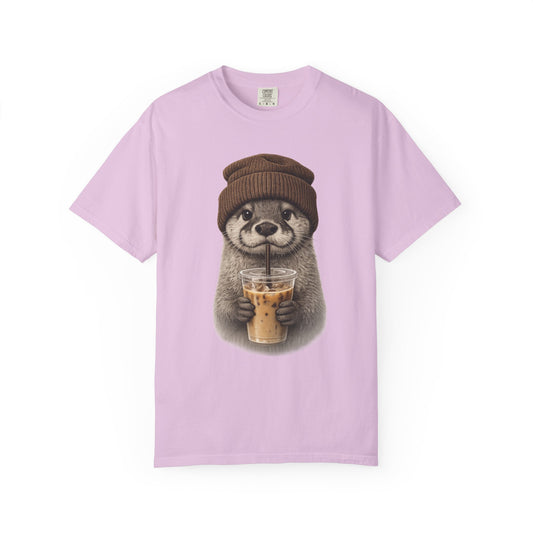 Hand-drawn otter holding an iced coffee, printed on an orchid purple women's shirt