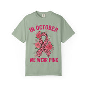 In October We Wear Pink floral ribbon print on a Bay women's shirt