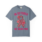 In October We Wear Pink floral ribbon print on a Blue Jean women's shirt