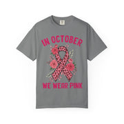 In October We Wear Pink floral ribbon print on a Grey women's shirt