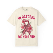 In October We Wear Pink floral ribbon print on an Ivory women's shirt
