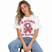 Women's In October We Wear Pink Ribbon Shirt styled in a lifestyle photo