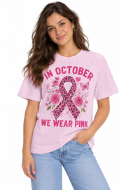 Women's In October We Wear Pink Ribbon Shirt styled in a lifestyle photo