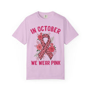 In October We Wear Pink floral ribbon print on an Orchid women's shirt