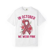 In October We Wear Pink floral ribbon print on a White women's shirt