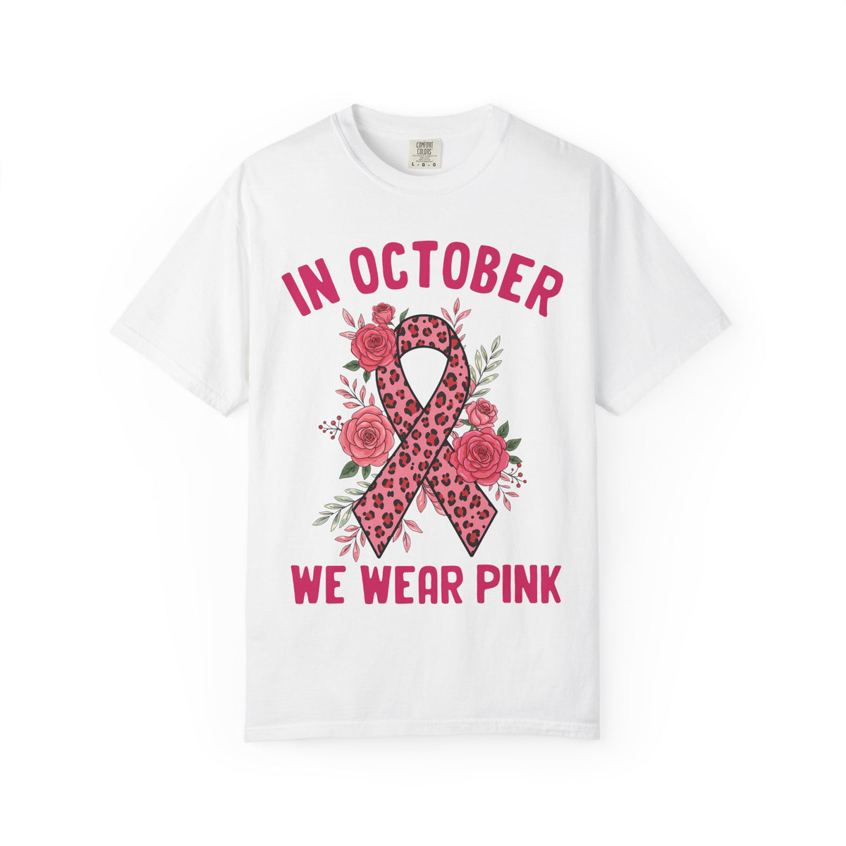 In October We Wear Pink floral ribbon print on a White women's shirt