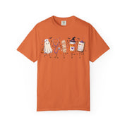 Spooky nurse illustration on a Burnt Orange women's halloween shirt