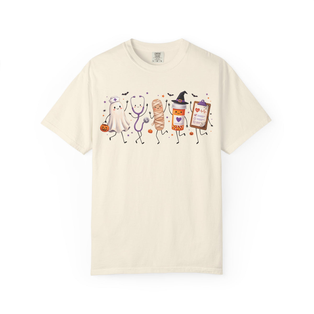 Spooky nurse illustration on an Ivory women's halloween shirt