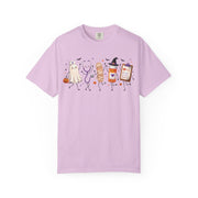 Spooky nurse illustration on an Orchid women's halloween shirt