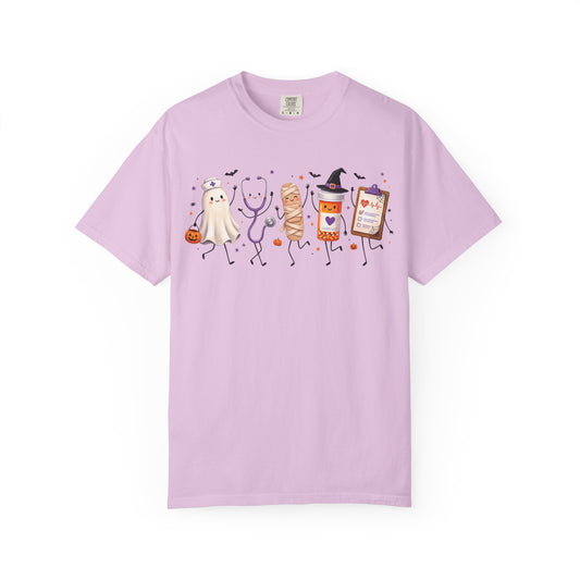 Spooky nurse illustration on an Orchid women's halloween shirt