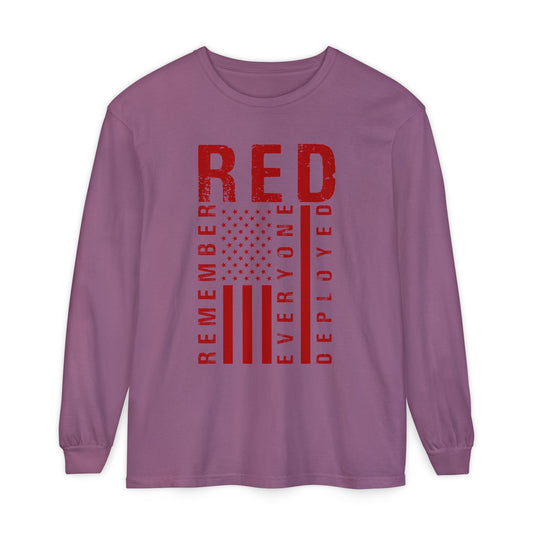 RED Remember Everyone Deployed chest print on a berry pink women's long sleeve shirt