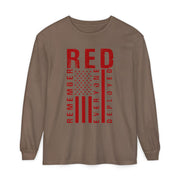 RED Remember Everyone Deployed chest print on an espresso brown women's long sleeve shirt