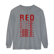 RED Remember Everyone Deployed chest print on a grey women's long sleeve shirt