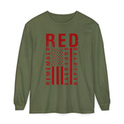 RED Remember Everyone Deployed chest print on a hemp green women's long sleeve shirt