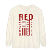 RED Remember Everyone Deployed chest print on an ivory women's long sleeve shirt