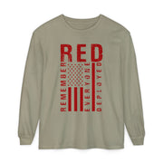 RED Remember Everyone Deployed chest print on a sandstone women's long sleeve shirt