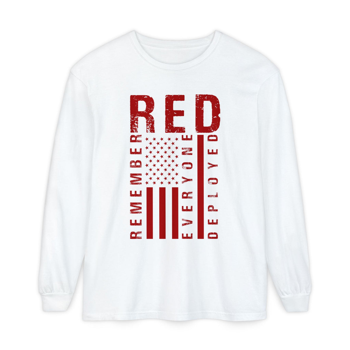 RED Remember Everyone Deployed chest print on a white women's long sleeve shirt