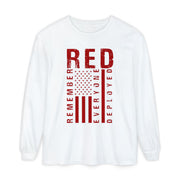 RED Remember Everyone Deployed chest print on a white women's long sleeve shirt
