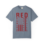 RED Remember Everyone Deployed chest print on a blue jean women's shirt