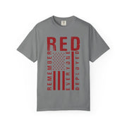 RED Remember Everyone Deployed chest print on a grey women's shirt