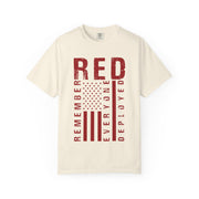 RED Remember Everyone Deployed chest print on an ivory women's shirt