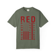 RED Remember Everyone Deployed chest print on a moss green women's shirt