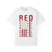 RED Remember Everyone Deployed chest print on a white women's shirt