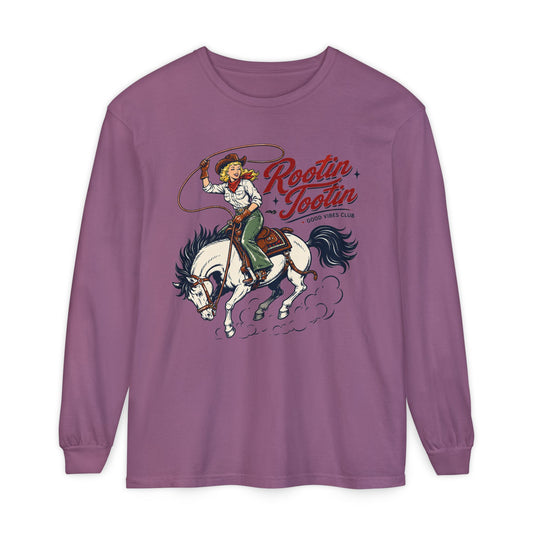 Rootin' Tootin' western print on a Berry women's long sleeve shirt