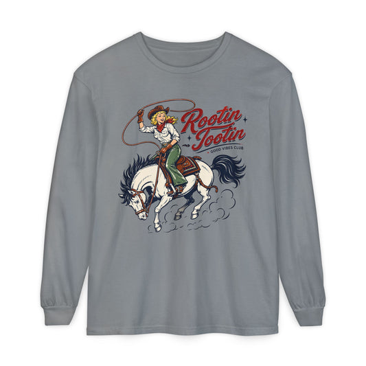 Rootin' Tootin' western print on a Grey women's long sleeve shirt