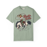 Rootin' Tootin' western print on a Bay women's shirt