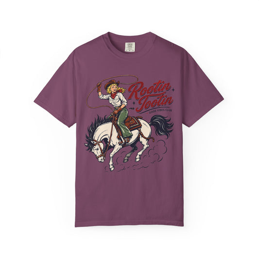 Rootin' Tootin' western print on a Berry women's shirt