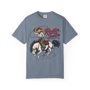 Rootin' Tootin' western print on a Blue Jean women's shirt