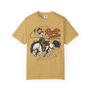 Rootin' Tootin' western print on a Mustard women's shirt