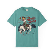 Rootin' Tootin' western print on a Seafoam women's shirt