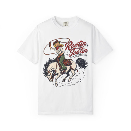 Rootin' Tootin' western print on a White women's shirt